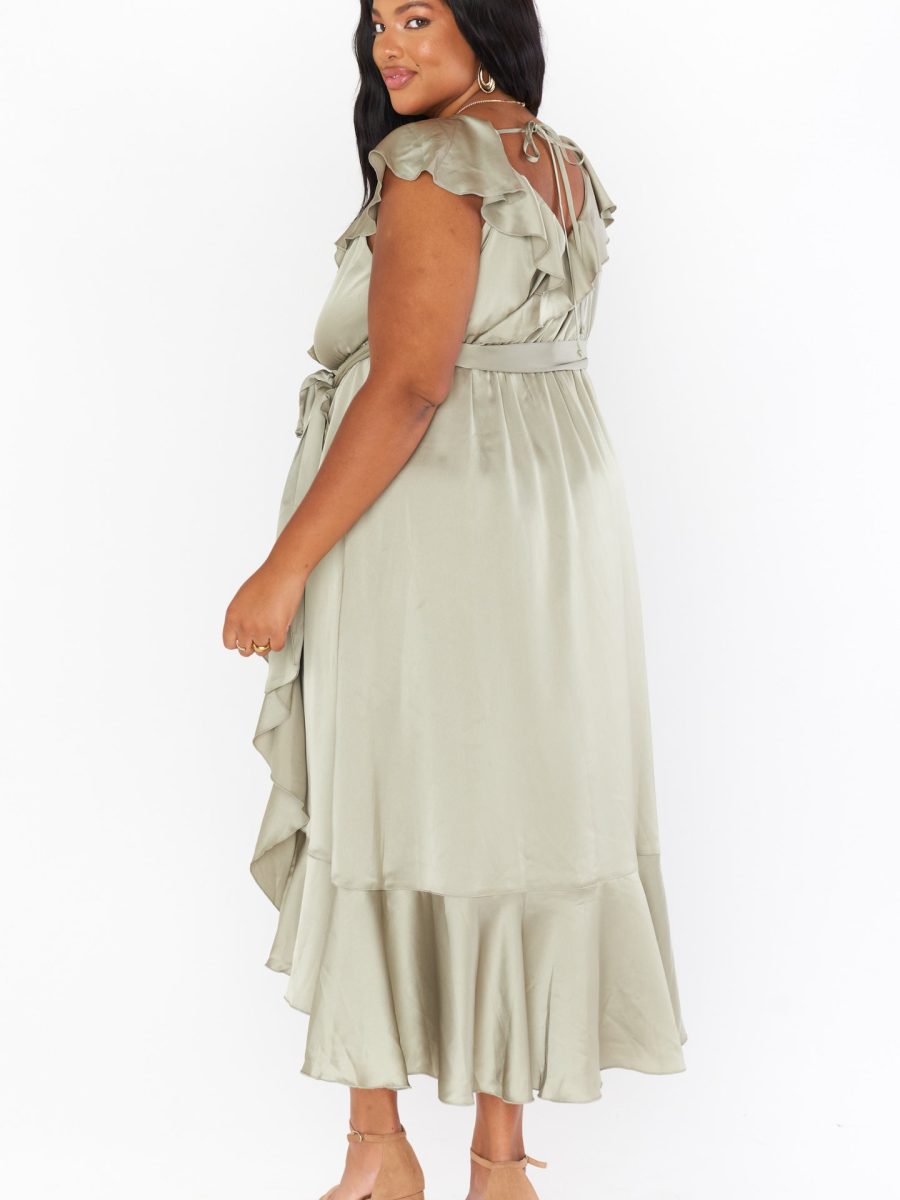 Samantha Ruffle Wrap Dress ~ Moss Green Luxe Satin