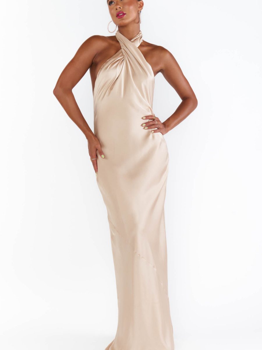 Jasmine Halter Maxi Dress ~ Champagne Luxe Satin