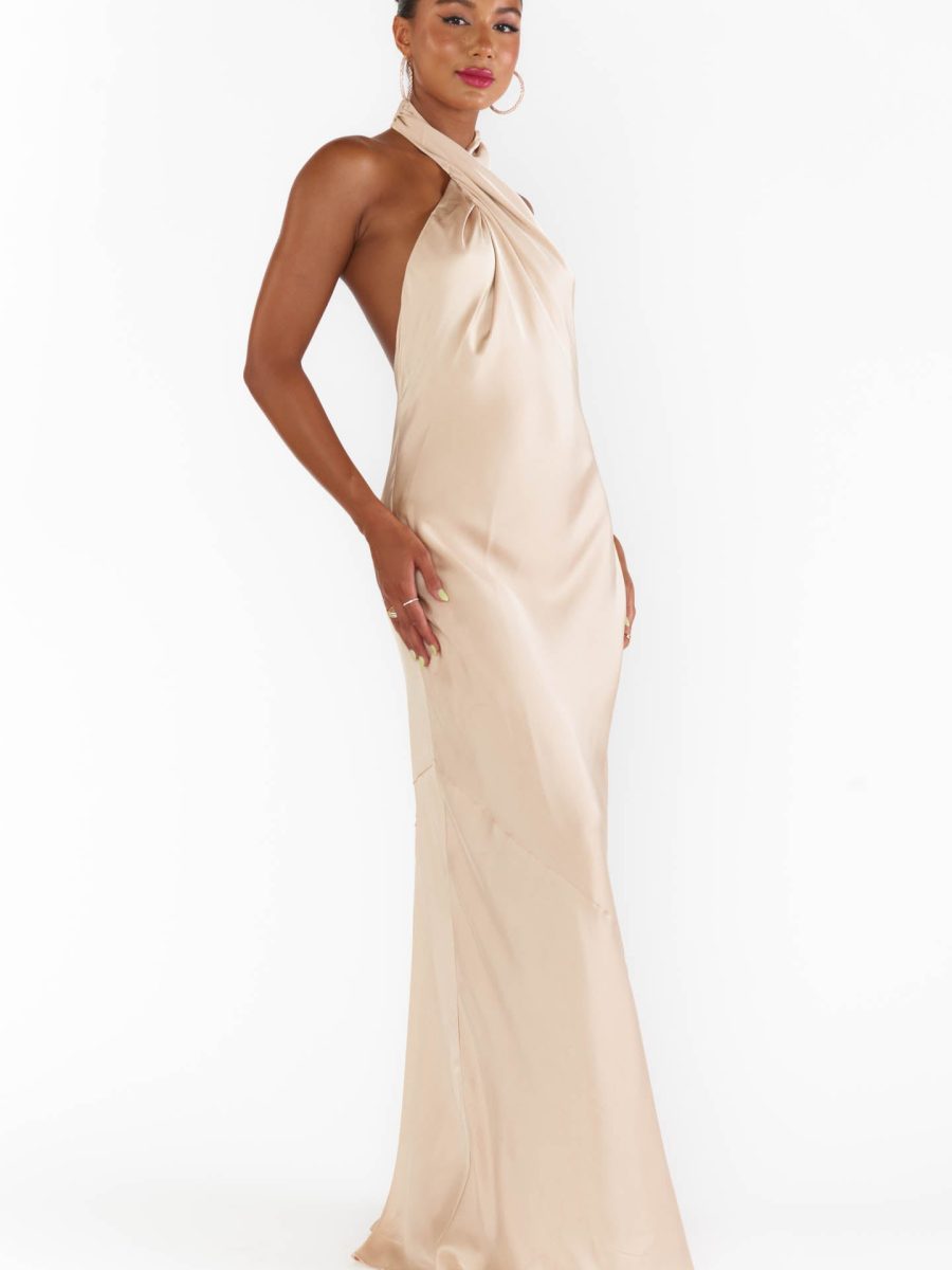 Jasmine Halter Maxi Dress ~ Champagne Luxe Satin