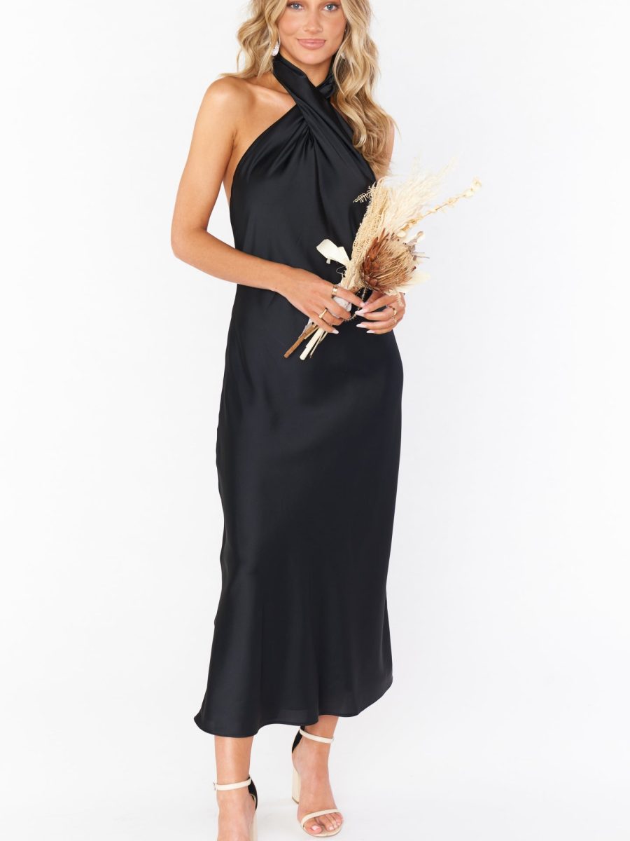 Jasmine Halter Midi Dress ~ Black Luxe Satin