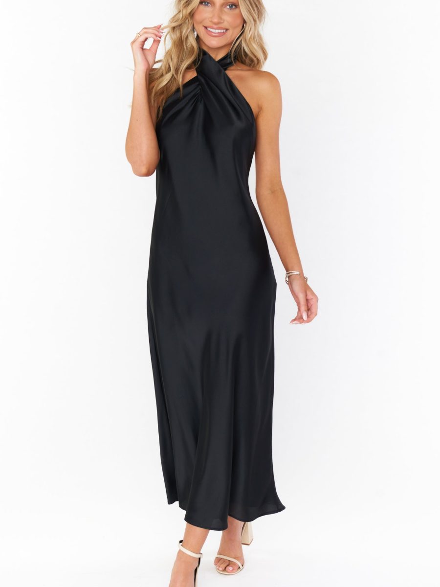 Jasmine Halter Midi Dress ~ Black Luxe Satin