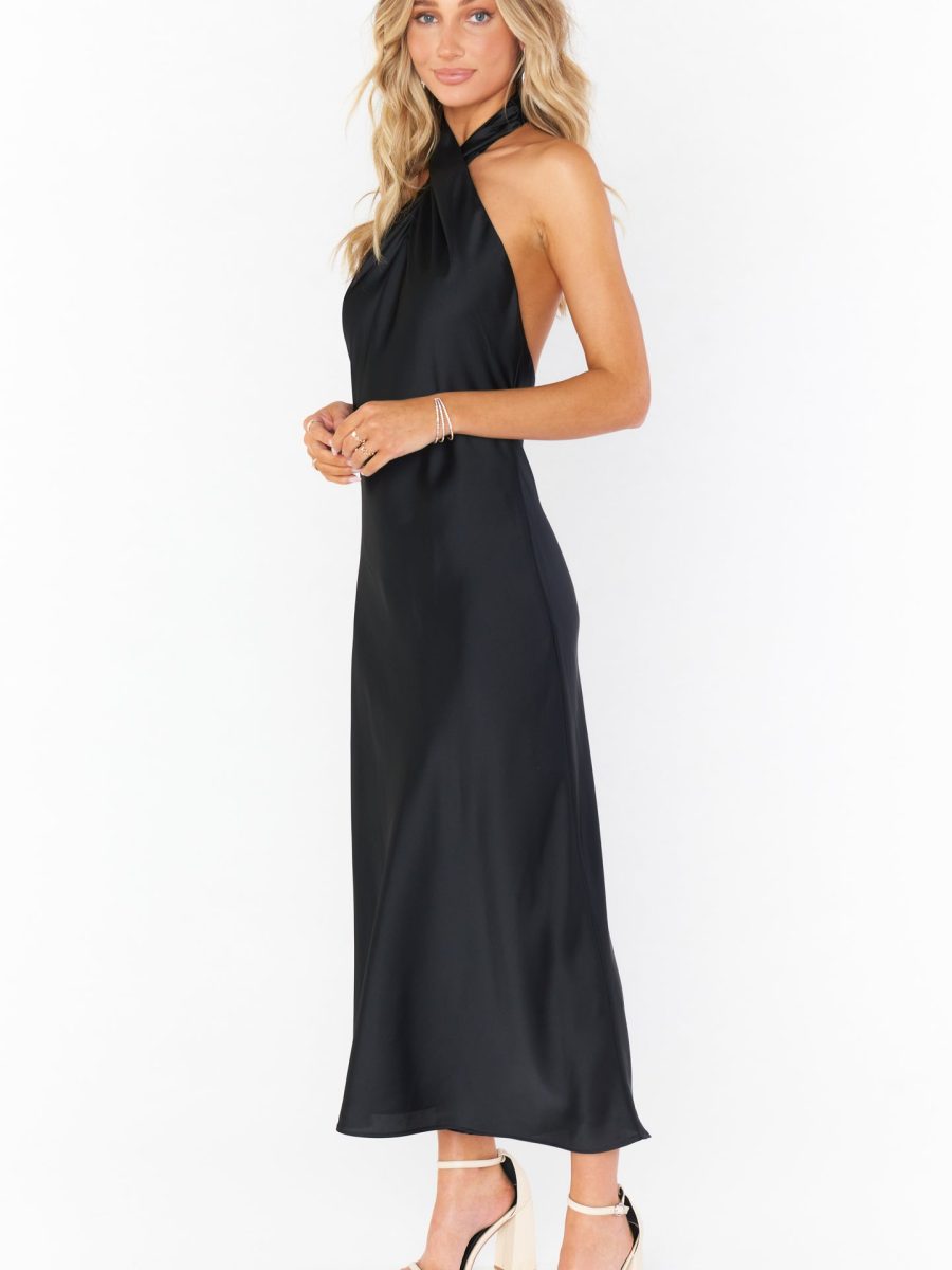 Jasmine Halter Midi Dress ~ Black Luxe Satin