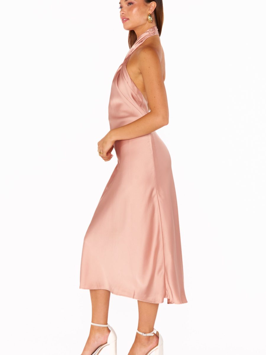 Jasmine Halter Midi Dress ~ Rose Gold Luxe Satin