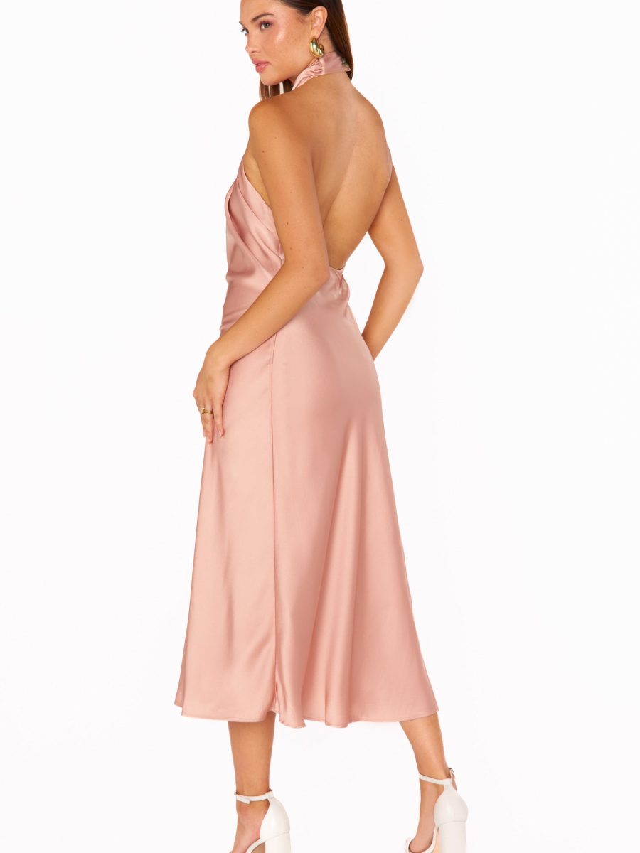 Jasmine Halter Midi Dress ~ Rose Gold Luxe Satin