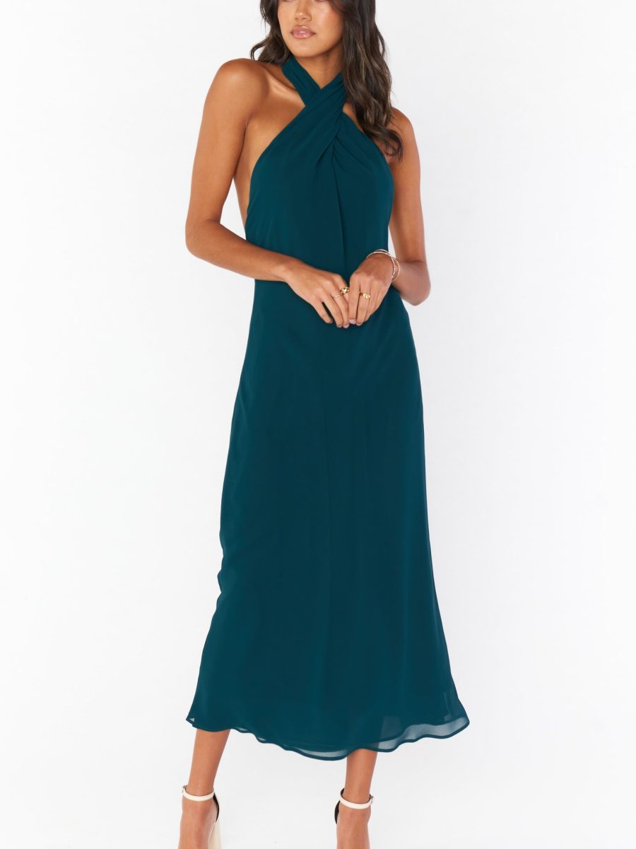 Jasmine Halter Midi Dress ~ Emerald Chiffon