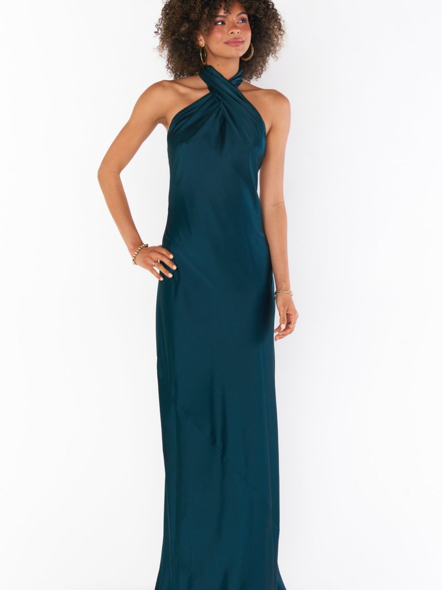 Jasmine Halter Maxi Dress ~ Deep Emerald Luxe Satin