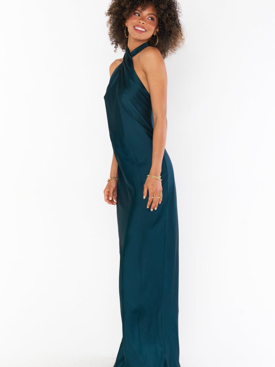 Jasmine Halter Maxi Dress ~ Deep Emerald Luxe Satin