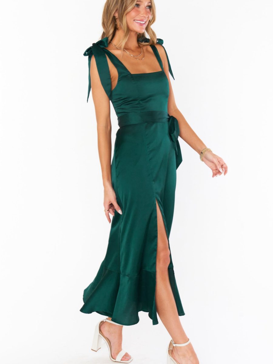 Claire Midi Dress ~ Deep Emerald Luxe Satin