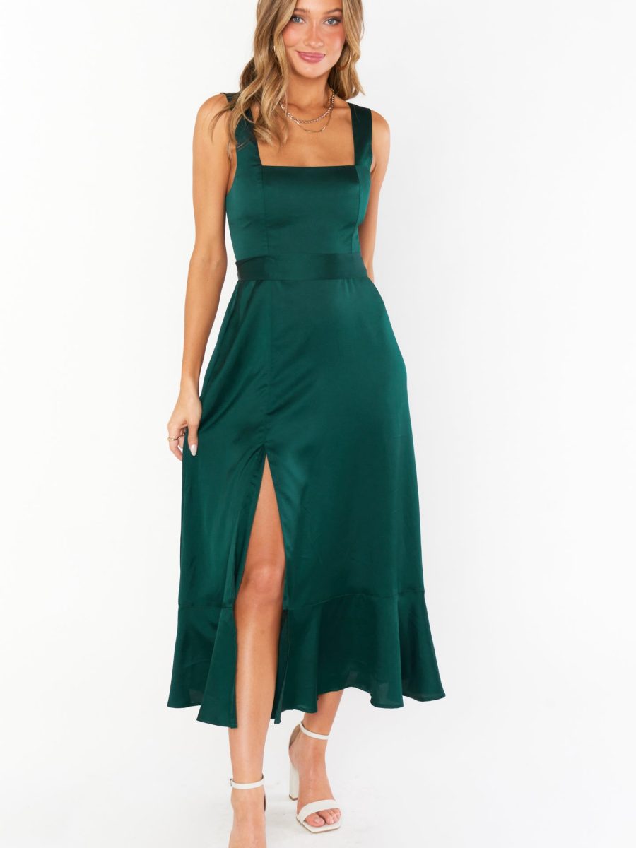 Claire Midi Dress ~ Deep Emerald Luxe Satin