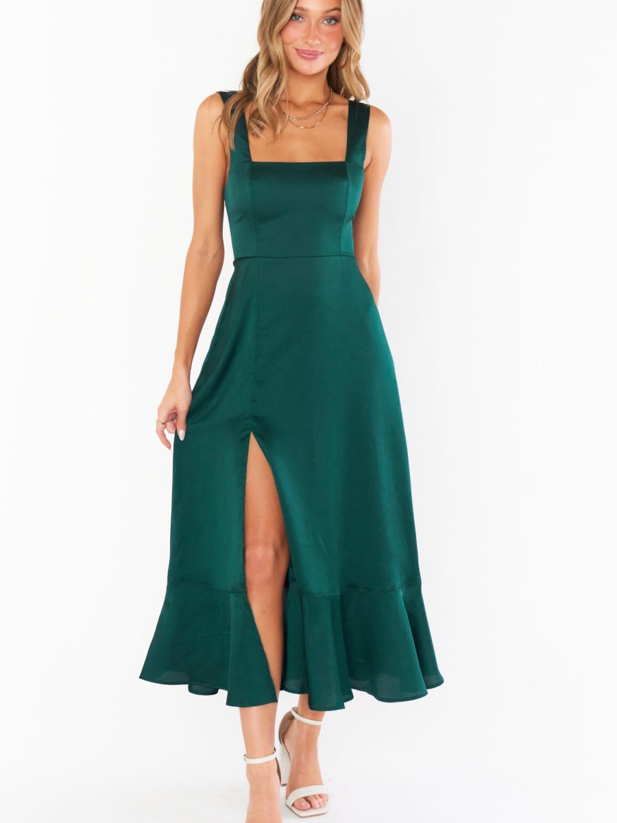 Claire Midi Dress ~ Deep Emerald Luxe Satin