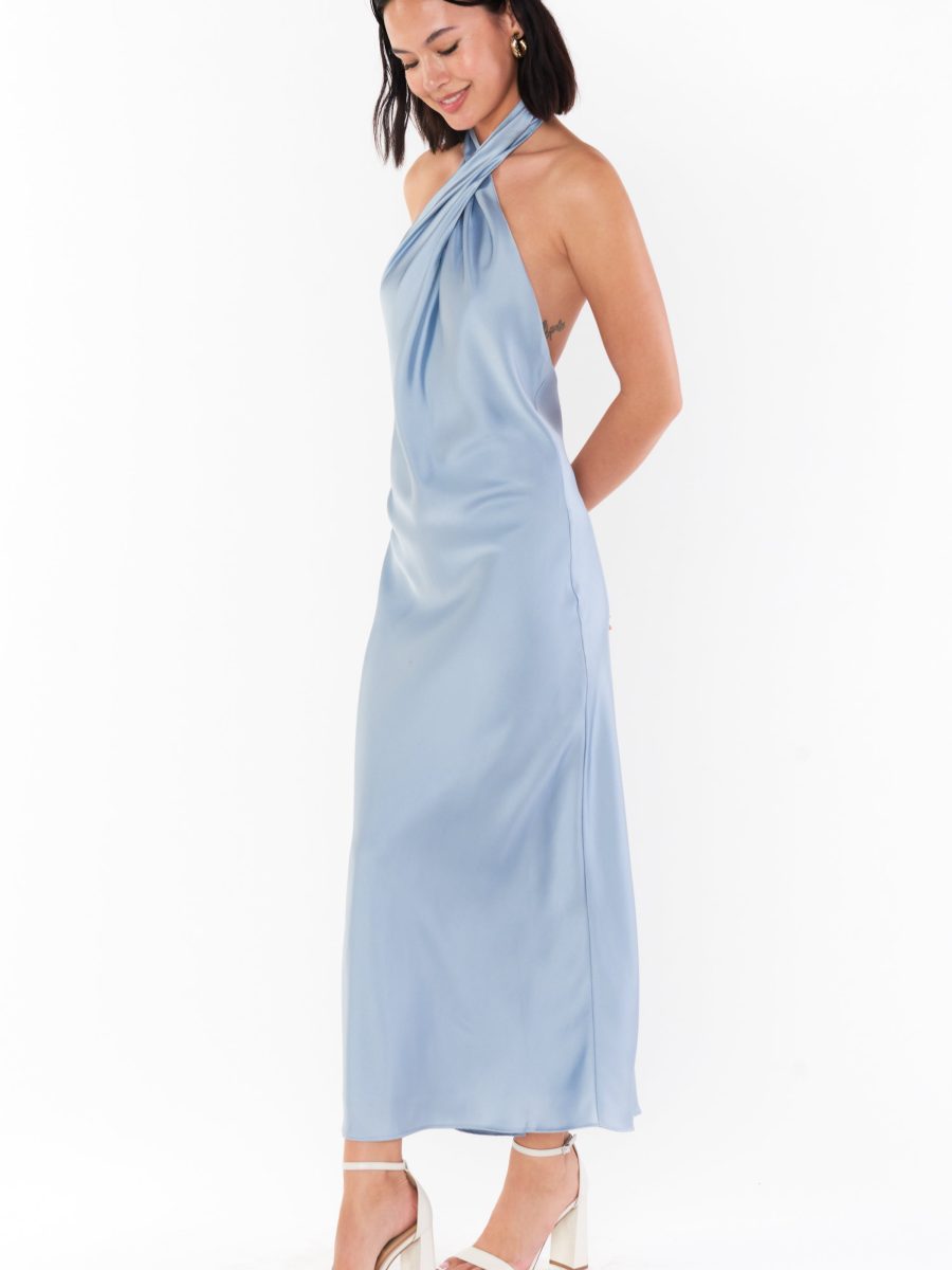 Jasmine Halter Midi Dress ~ Steel Blue Luxe Satin