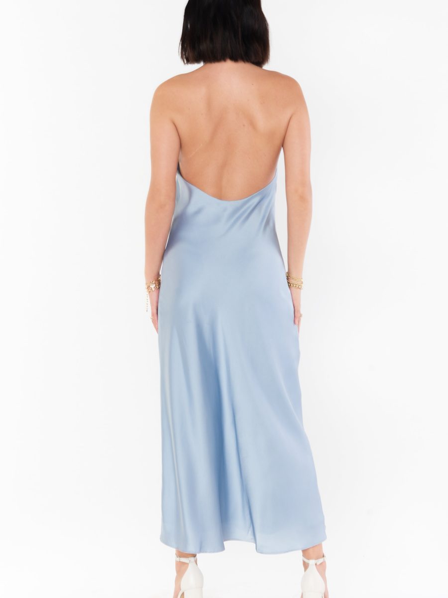 Jasmine Halter Midi Dress ~ Steel Blue Luxe Satin