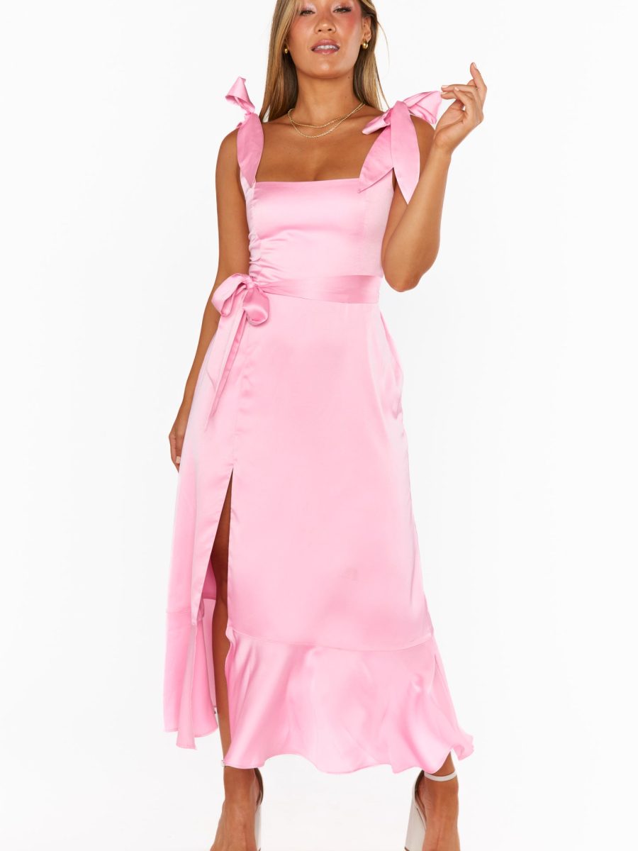 Garden Midi Dress ~ Light Pink Luxe Satin