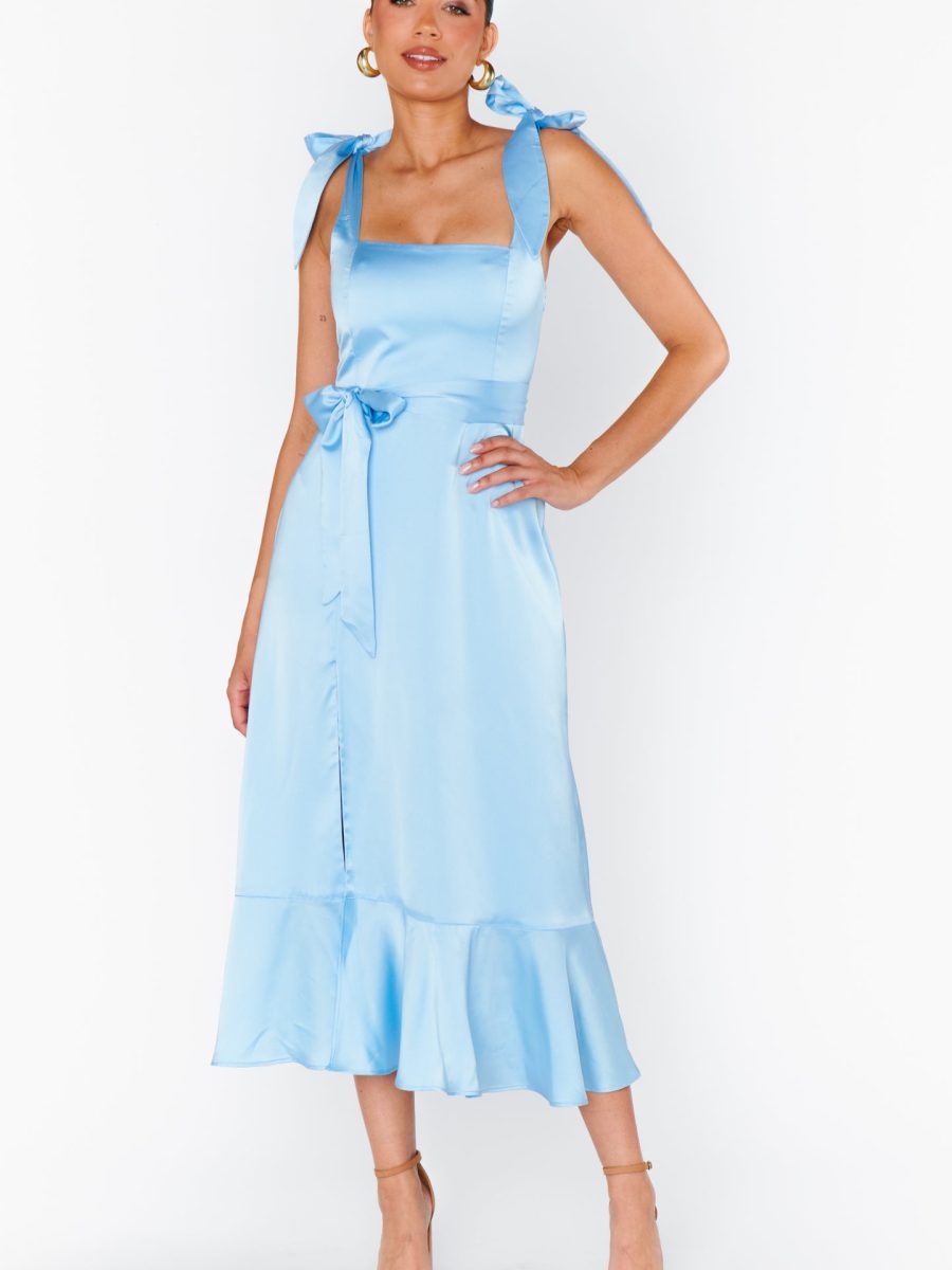 Garden Midi Dress ~ Baby Blue Luxe Satin