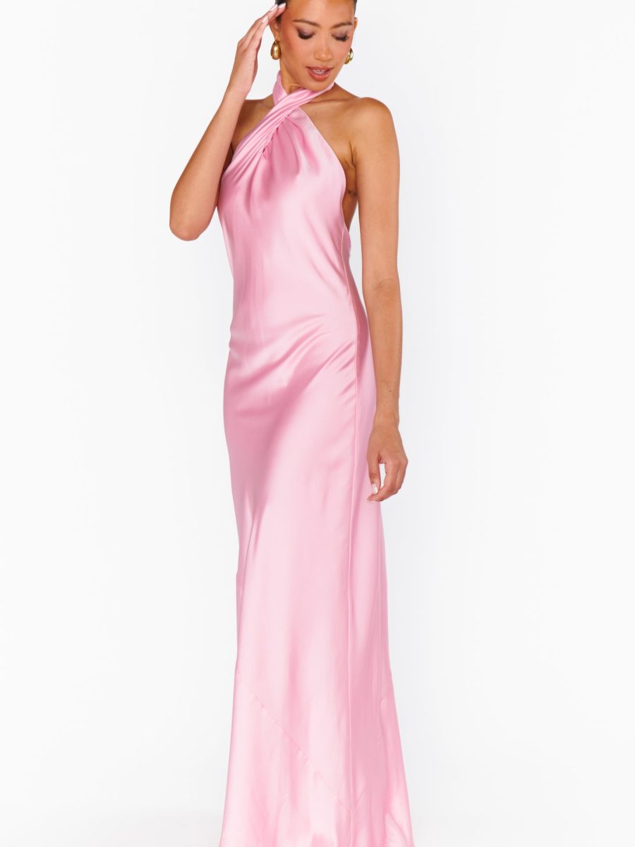 Jasmine Halter Maxi Dress ~ Light Pink Luxe Satin