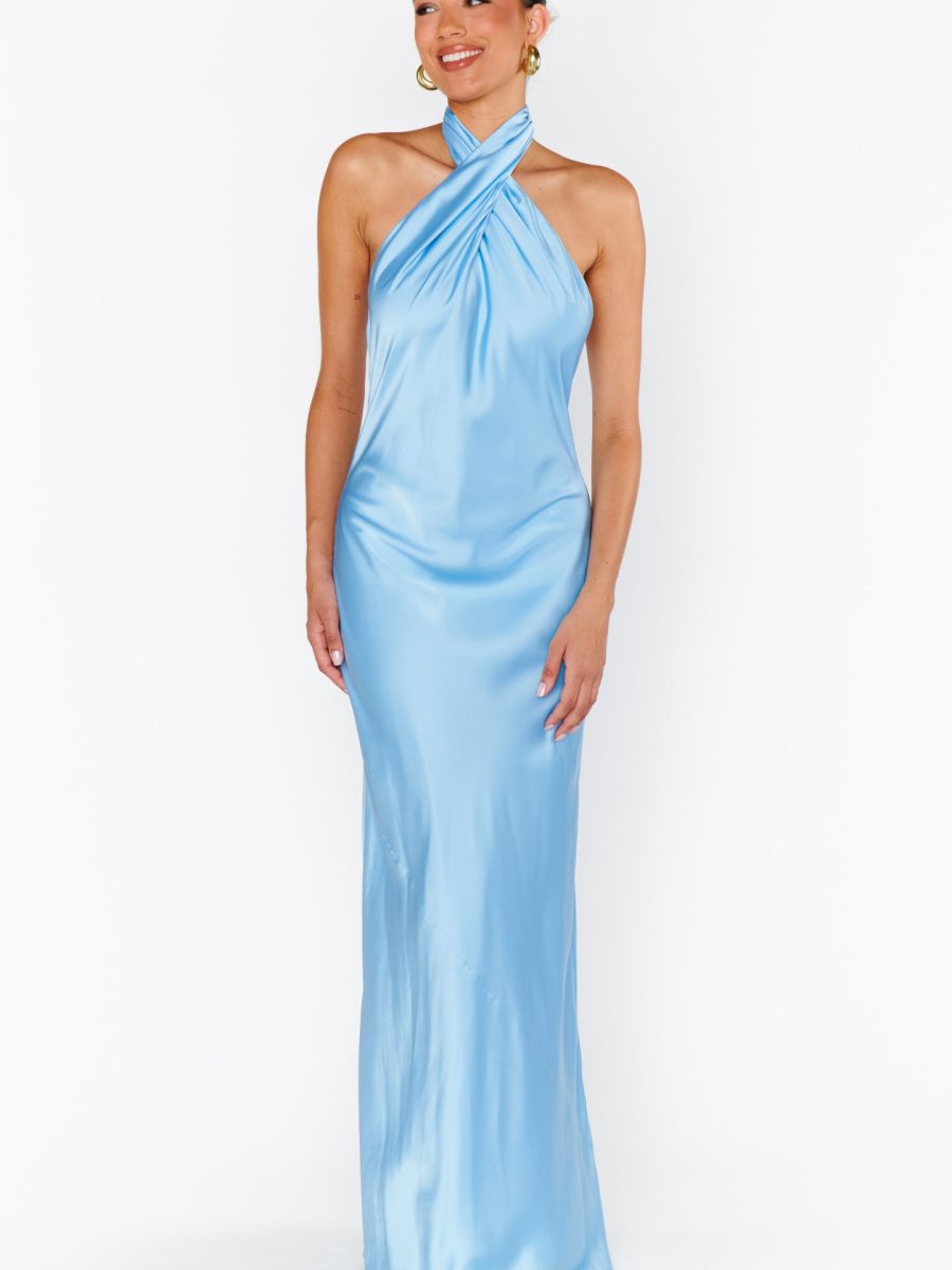 Jasmine Halter Maxi Dress ~ Baby Blue Luxe Satin