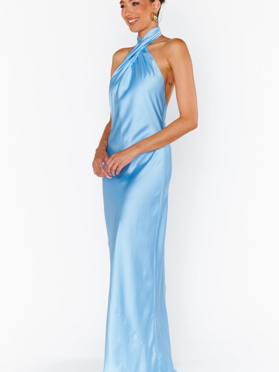 Jasmine Halter Maxi Dress ~ Baby Blue Luxe Satin