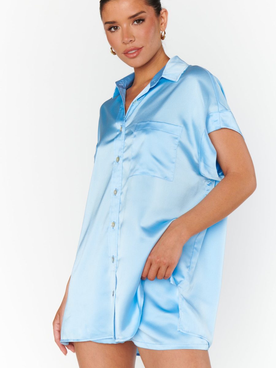 Best Day Button Up ~ Baby Blue Luxe Satin