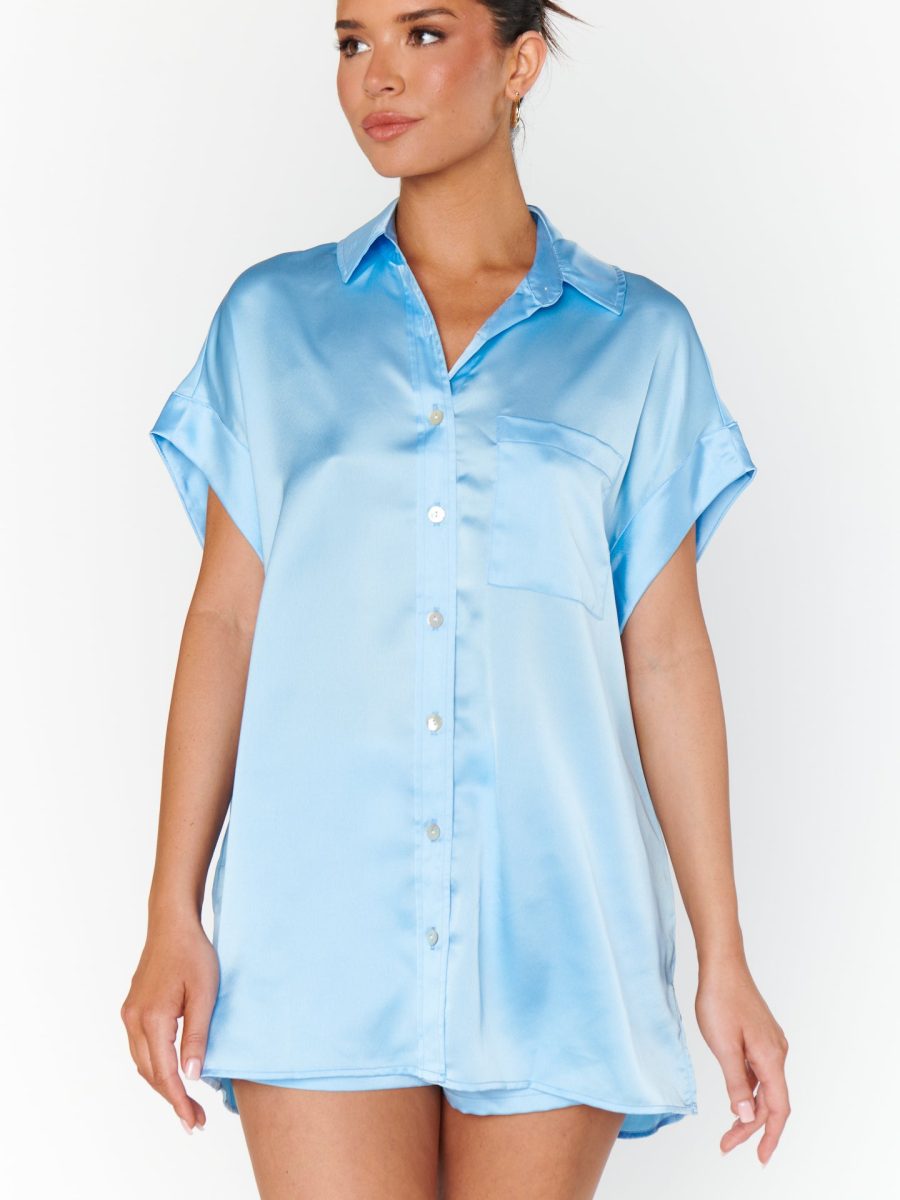 Best Day Button Up ~ Baby Blue Luxe Satin