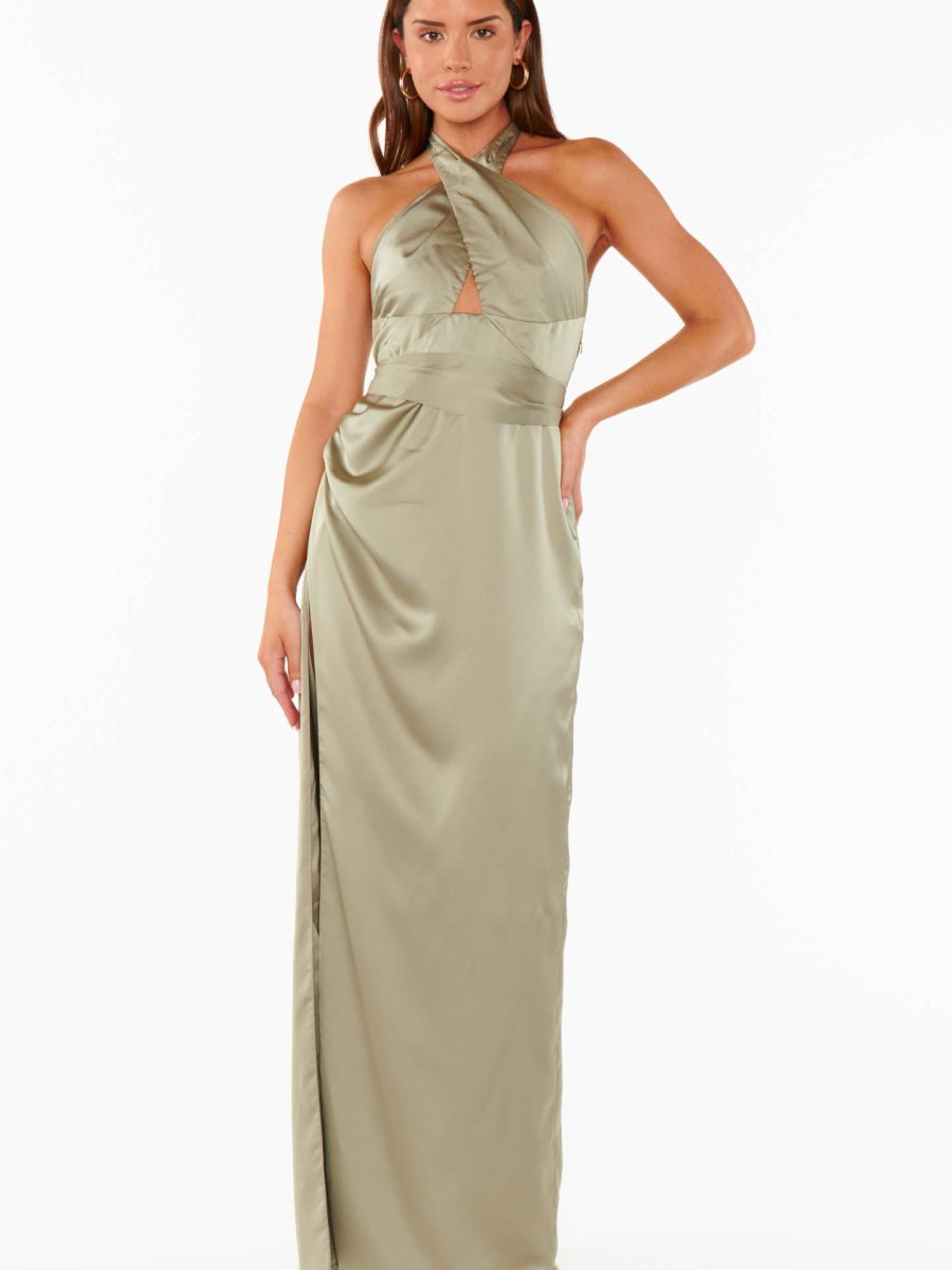 Adele Halter Maxi Dress ~ Moss Green Luxe Satin