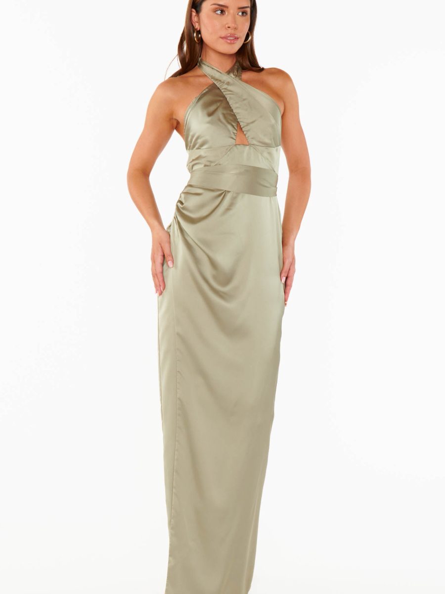 Adele Halter Maxi Dress ~ Moss Green Luxe Satin