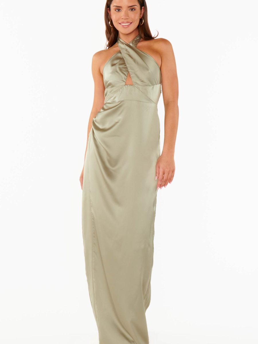 Adele Halter Maxi Dress ~ Moss Green Luxe Satin