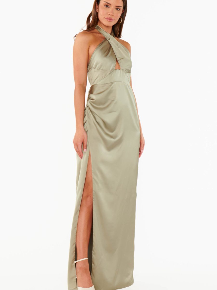 Adele Halter Maxi Dress ~ Moss Green Luxe Satin
