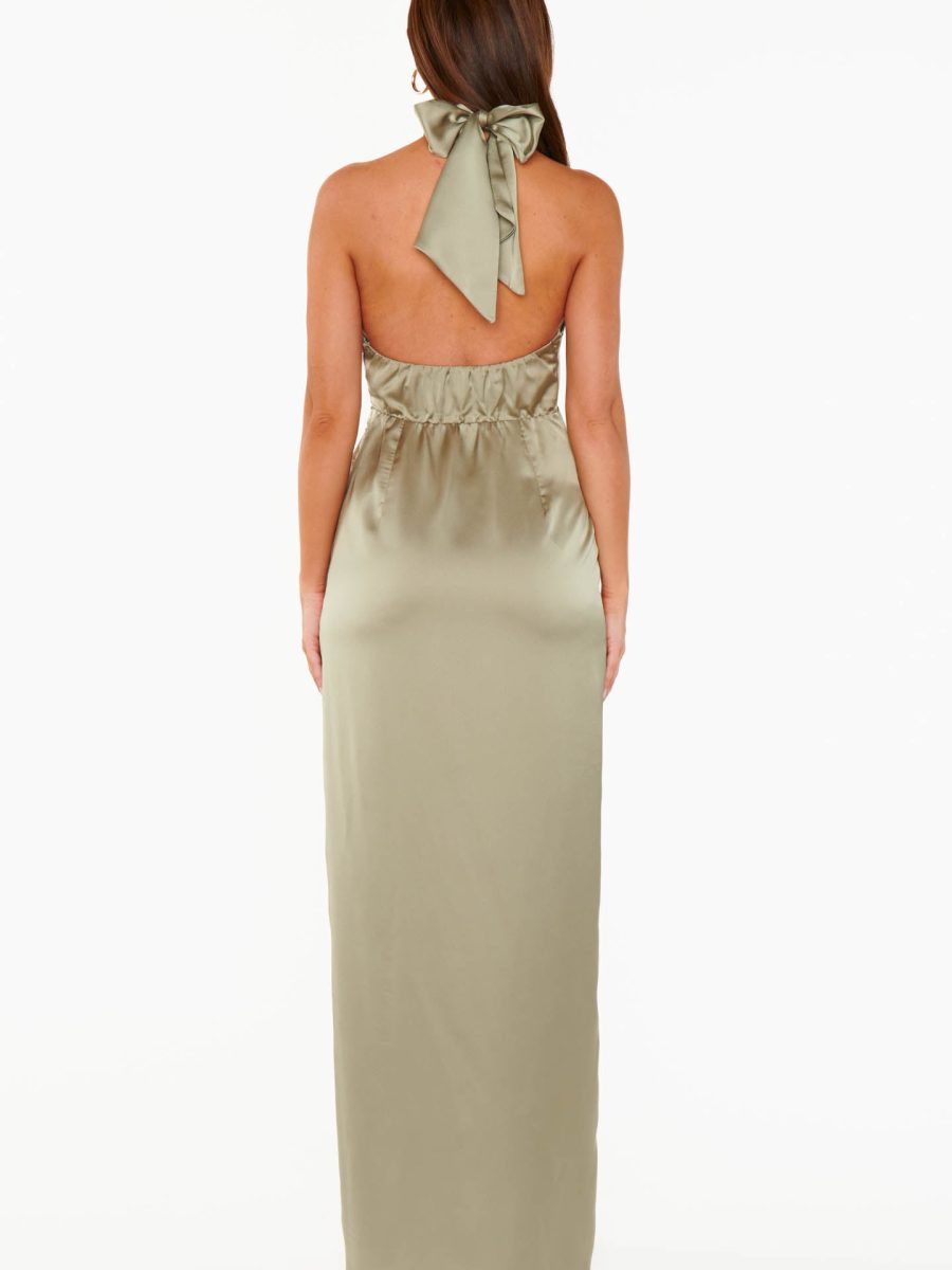 Adele Halter Maxi Dress ~ Moss Green Luxe Satin