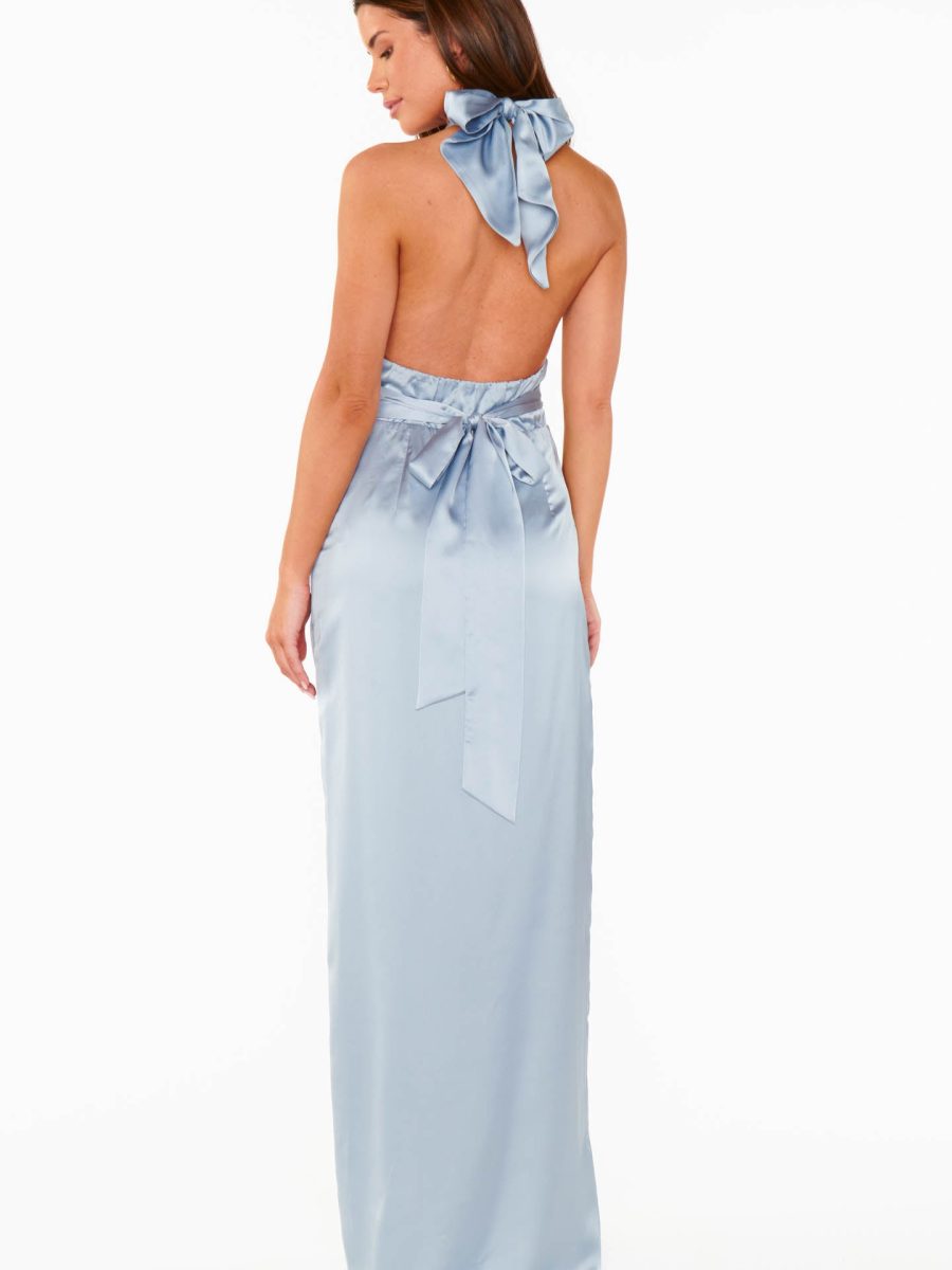 Adele Halter Maxi Dress ~ Steel Blue Luxe Satin