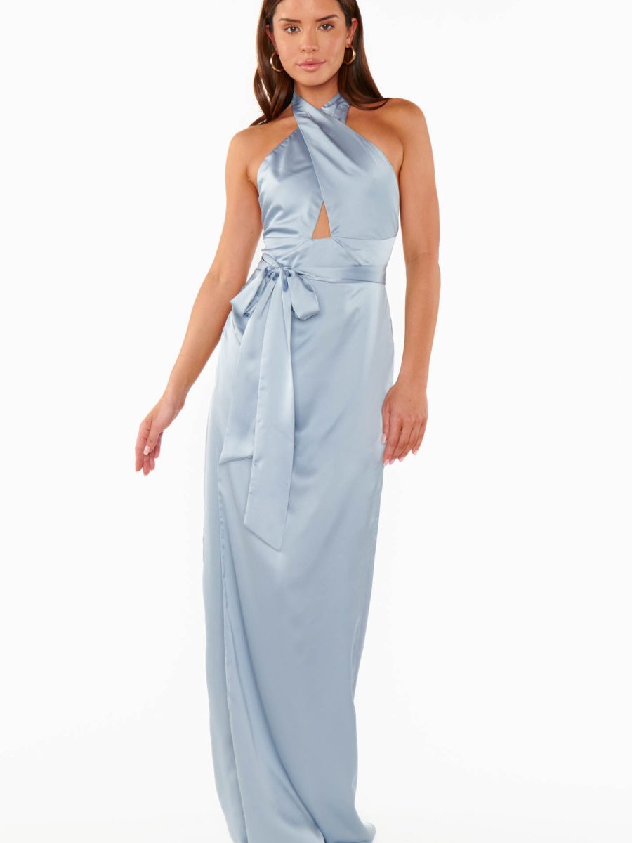 Adele Halter Maxi Dress ~ Steel Blue Luxe Satin
