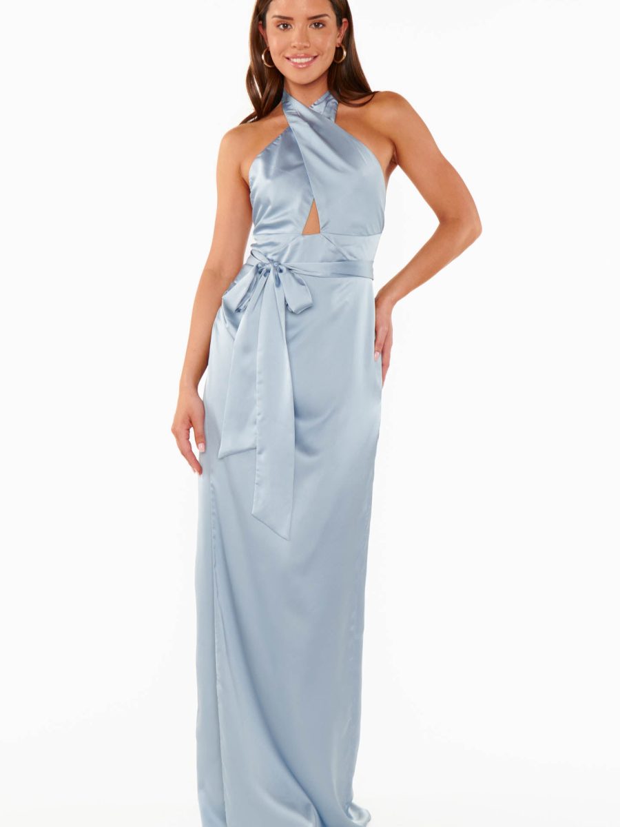 Adele Halter Maxi Dress ~ Steel Blue Luxe Satin