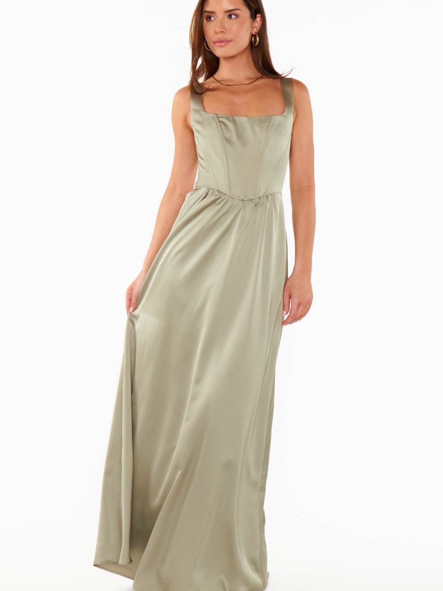 Nina Maxi Dress ~ Moss Green Luxe Satin