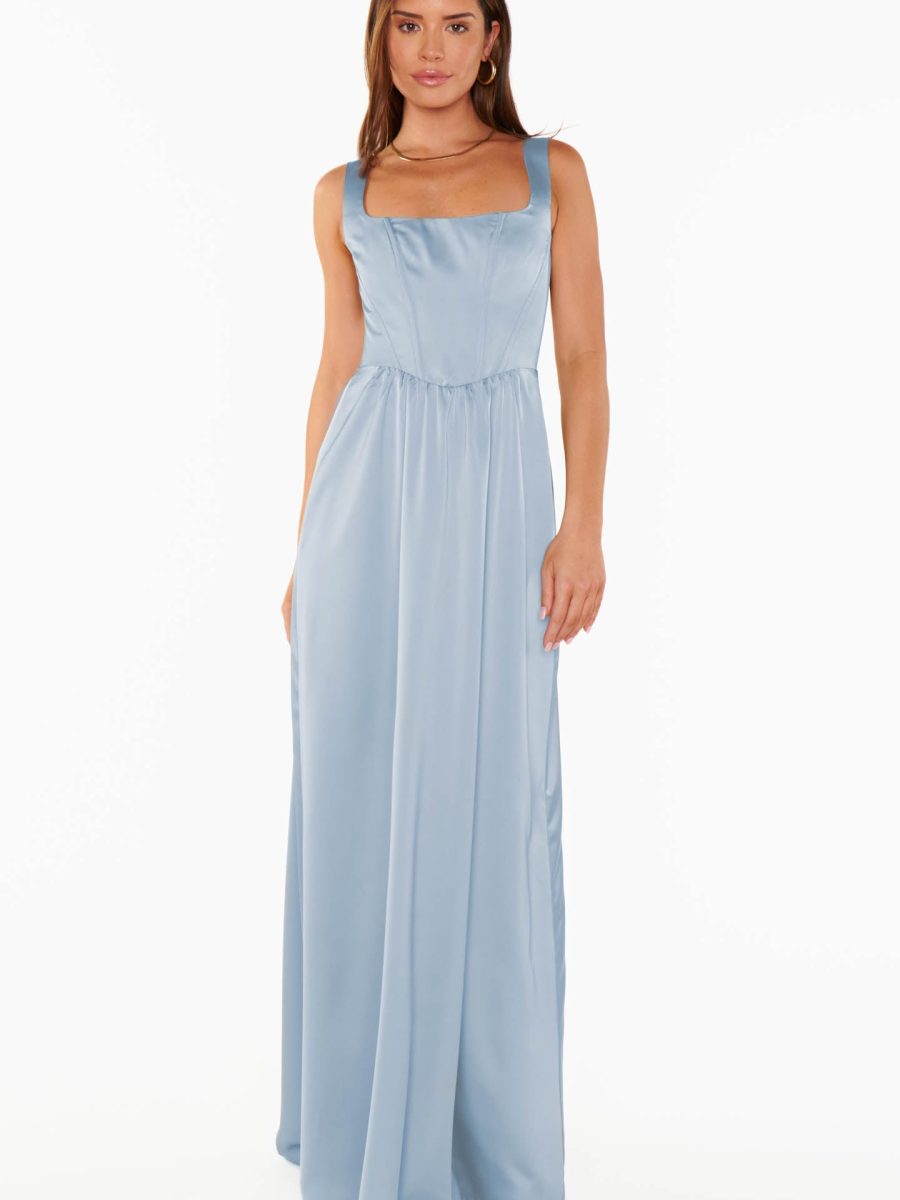 Nina Maxi Dress ~ Steel Blue Luxe Satin
