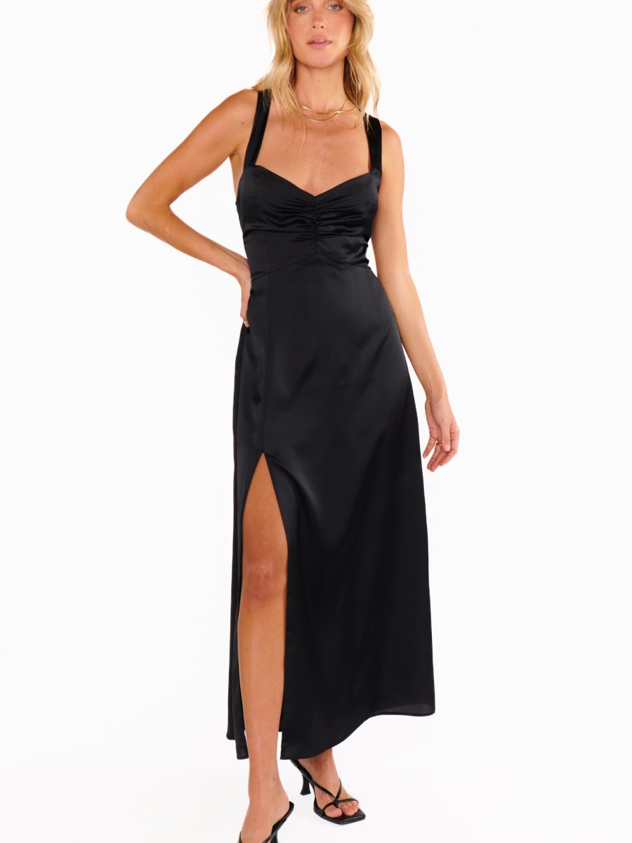 Mina Midi Dress ~ Black Luxe Satin