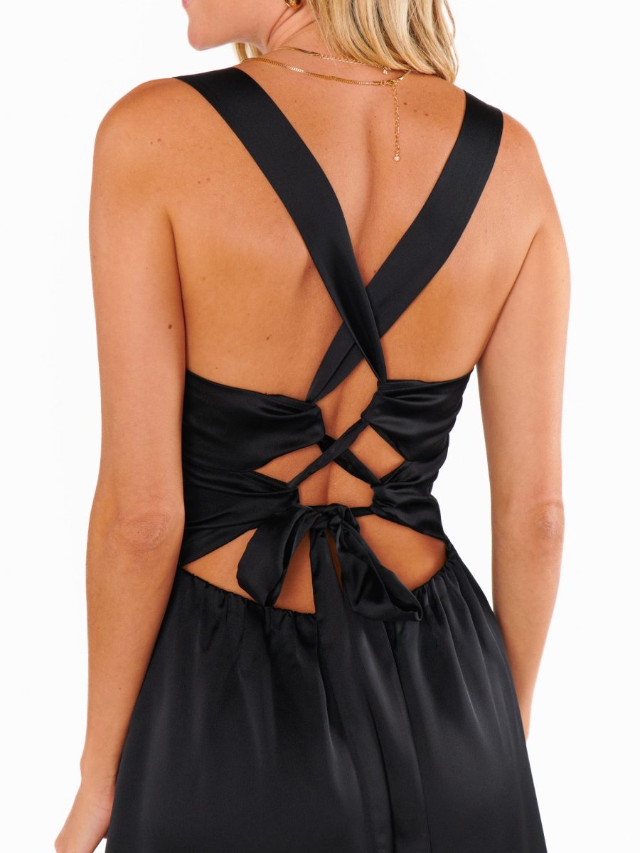 Mina Midi Dress ~ Black Luxe Satin