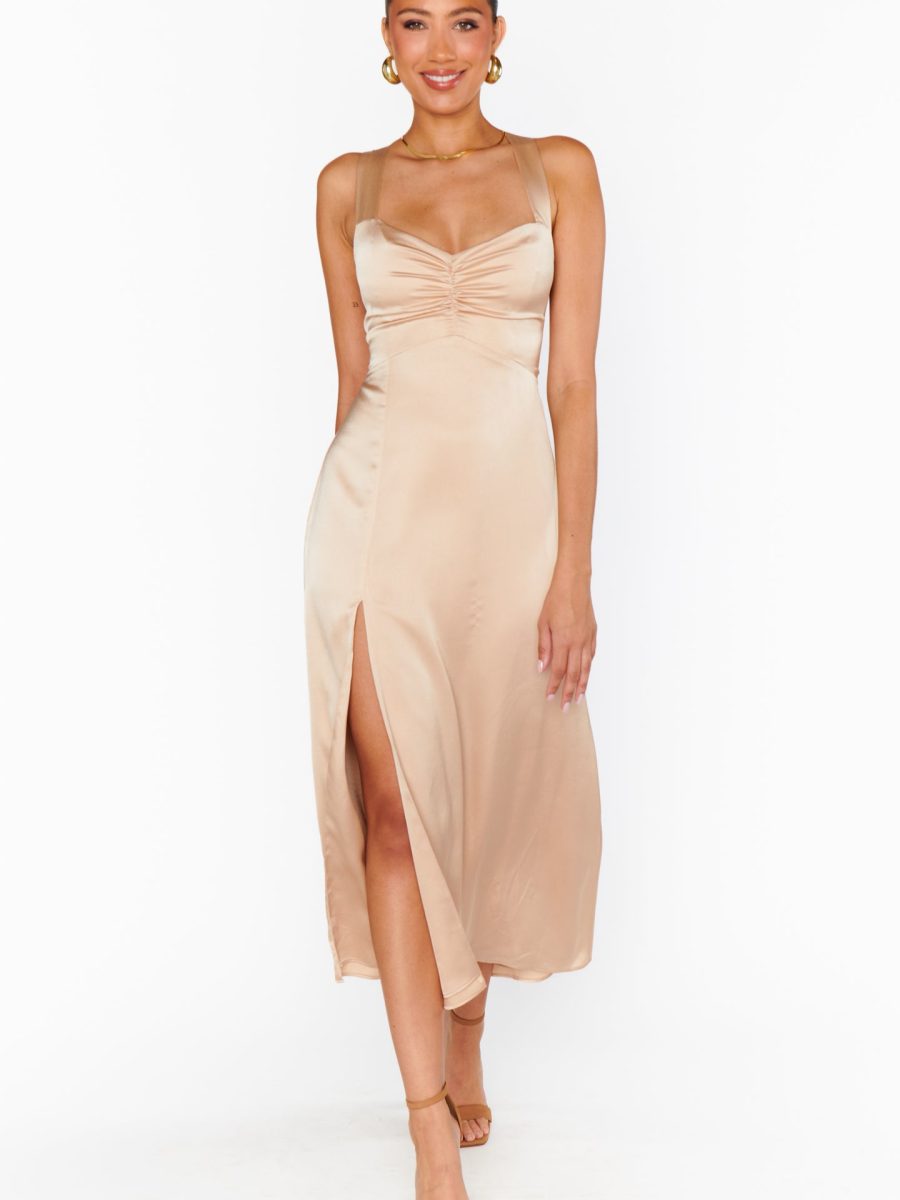 Mina Midi Dress ~ Champagne Luxe Satin