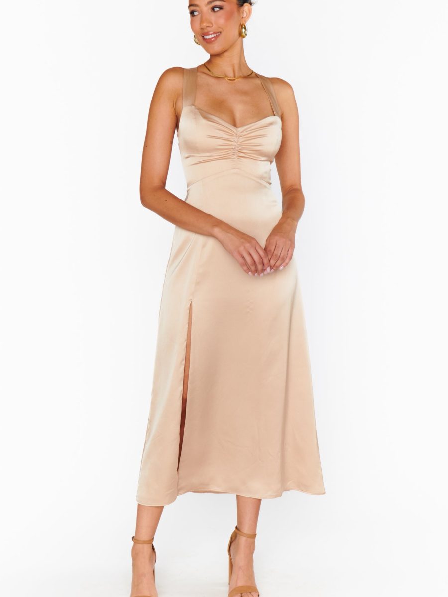 Mina Midi Dress ~ Champagne Luxe Satin