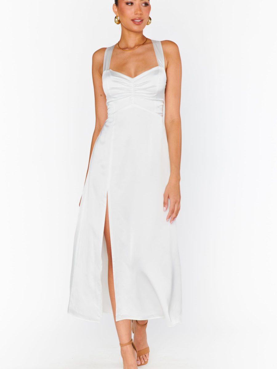 Mina Midi Dress ~ Ivory Luxe Satin