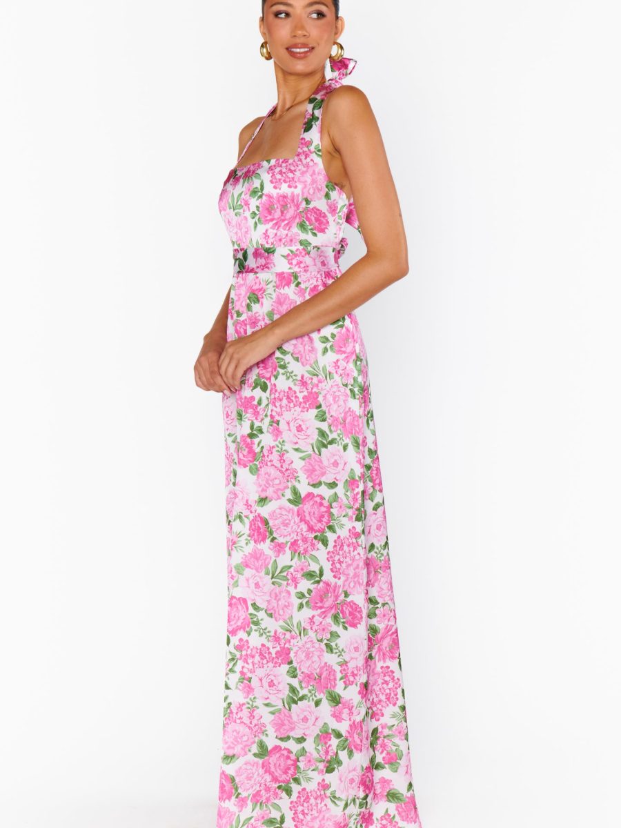 Hazel Halter Maxi Dress ~ Cottage Floral Pink