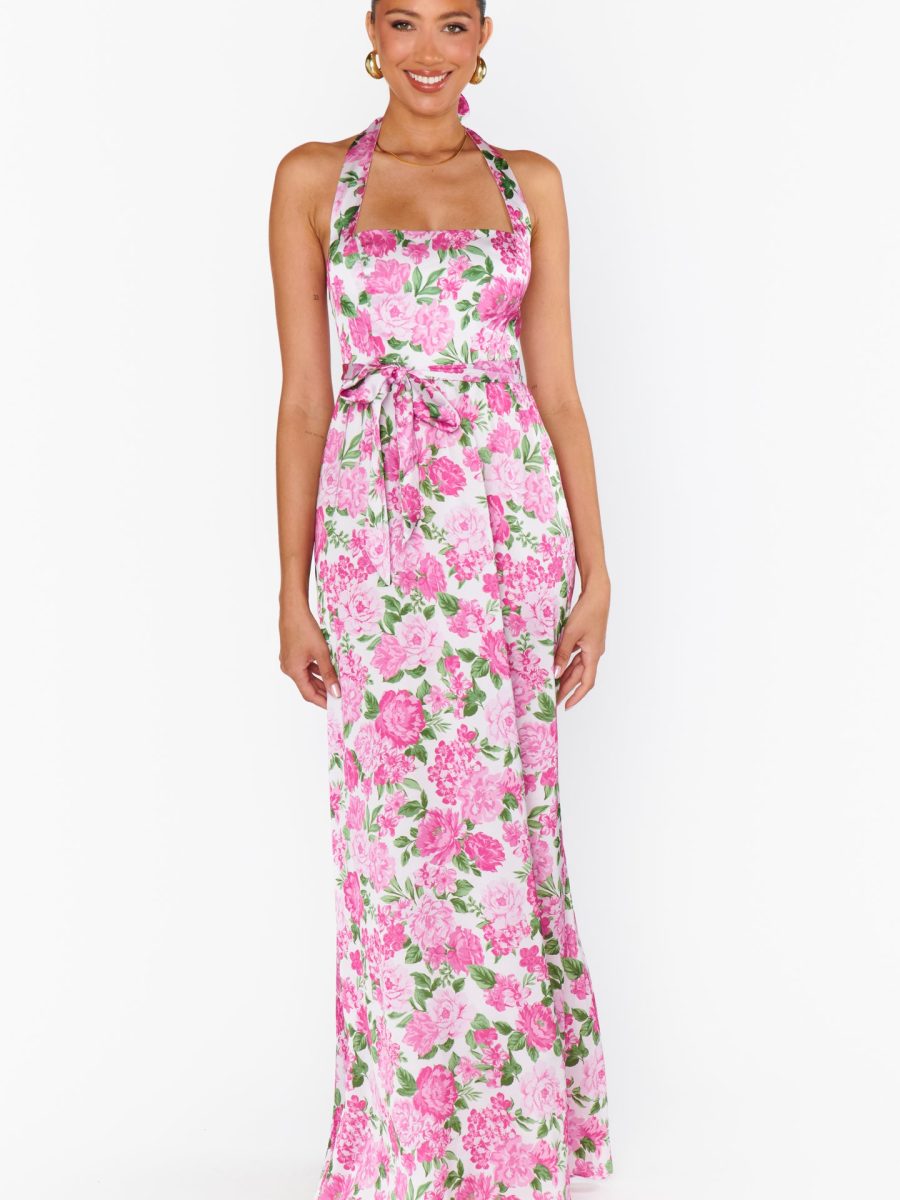 Hazel Halter Maxi Dress ~ Cottage Floral Pink