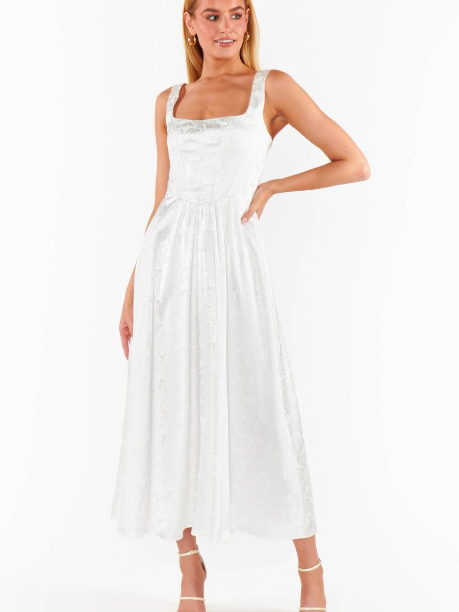 Nina Midi Dress ~ White Rose Satin