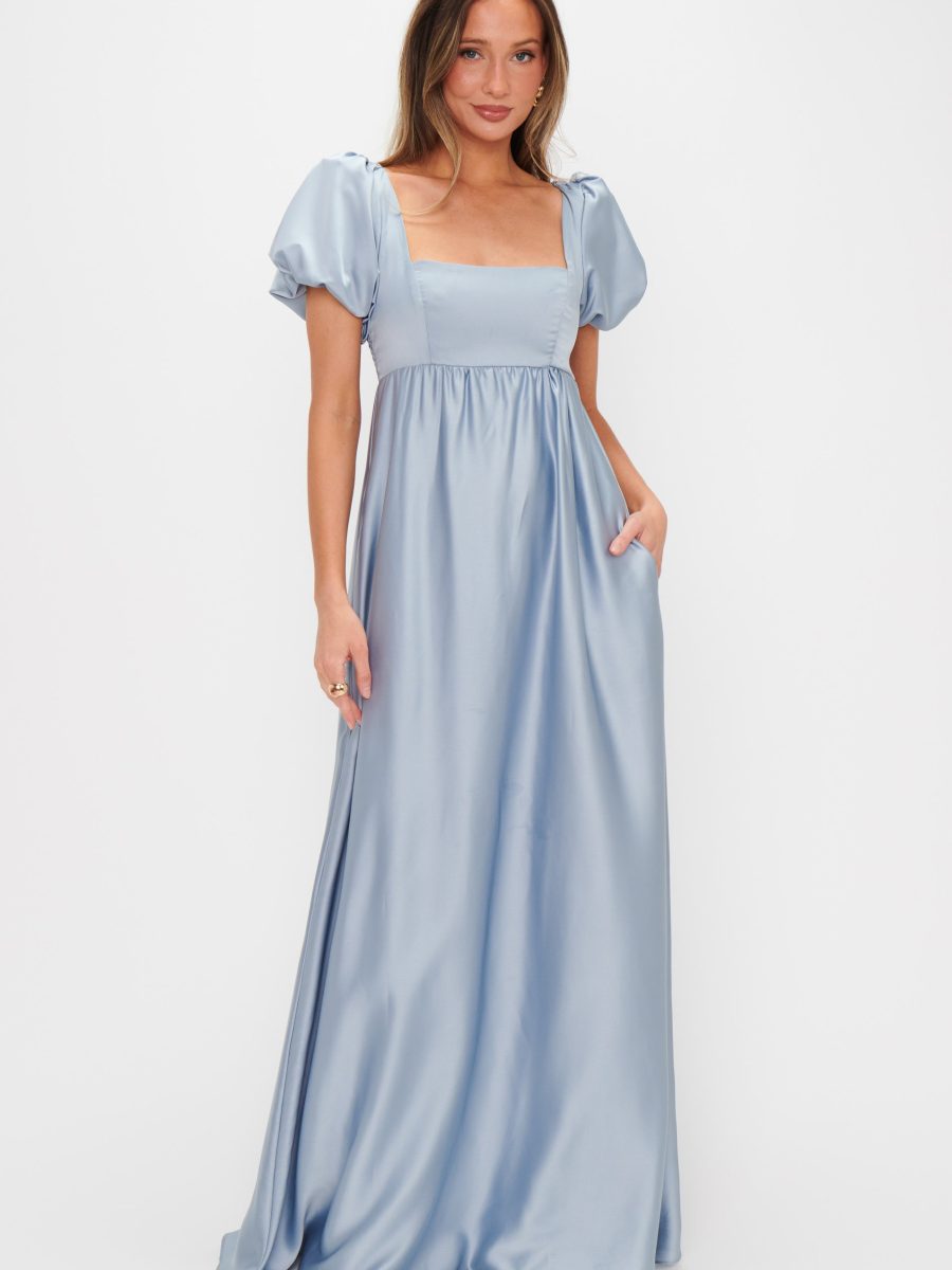 Nora Maxi Dress ~ Steel Blue Luxe Satin