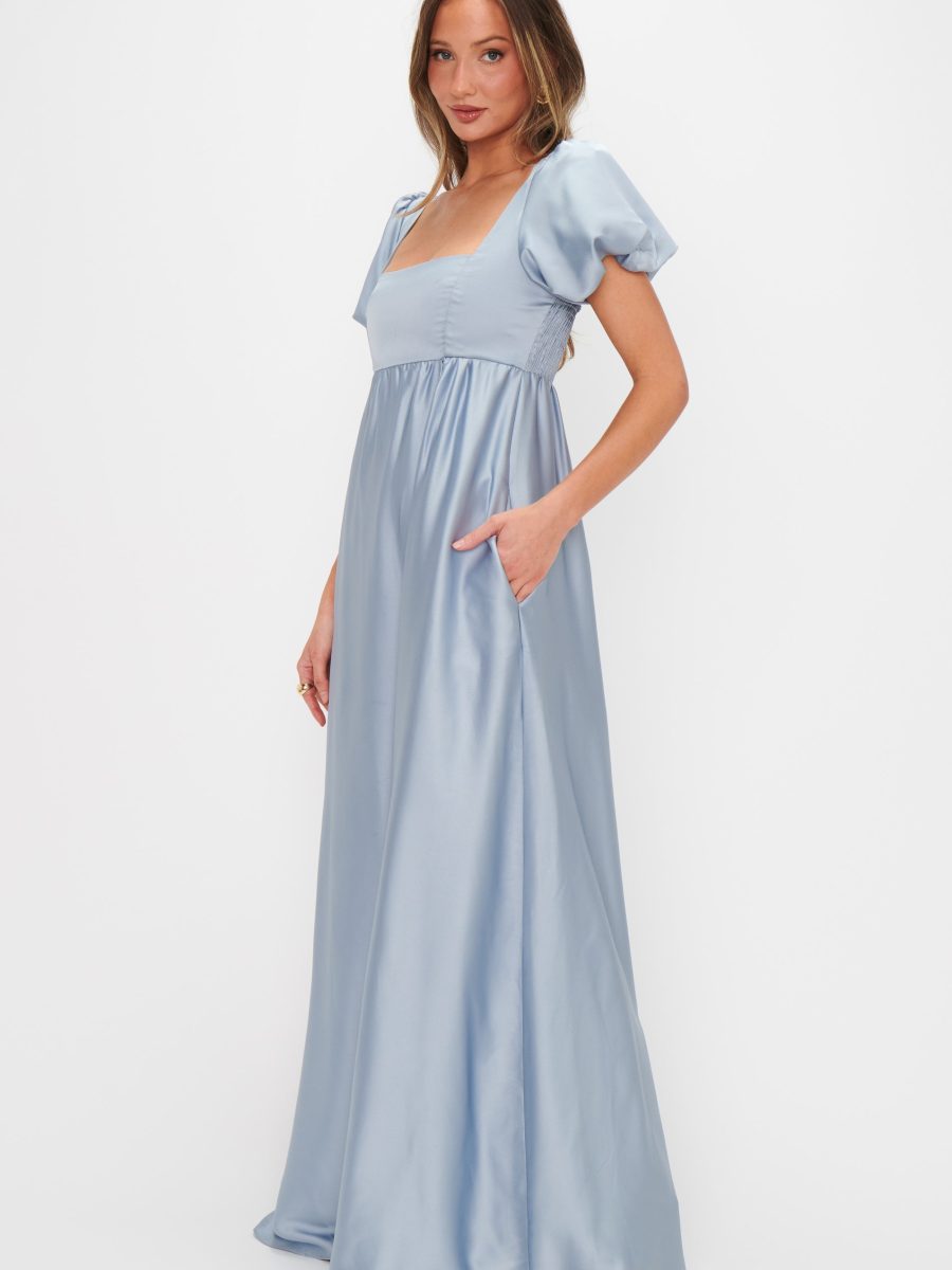 Nora Maxi Dress ~ Steel Blue Luxe Satin