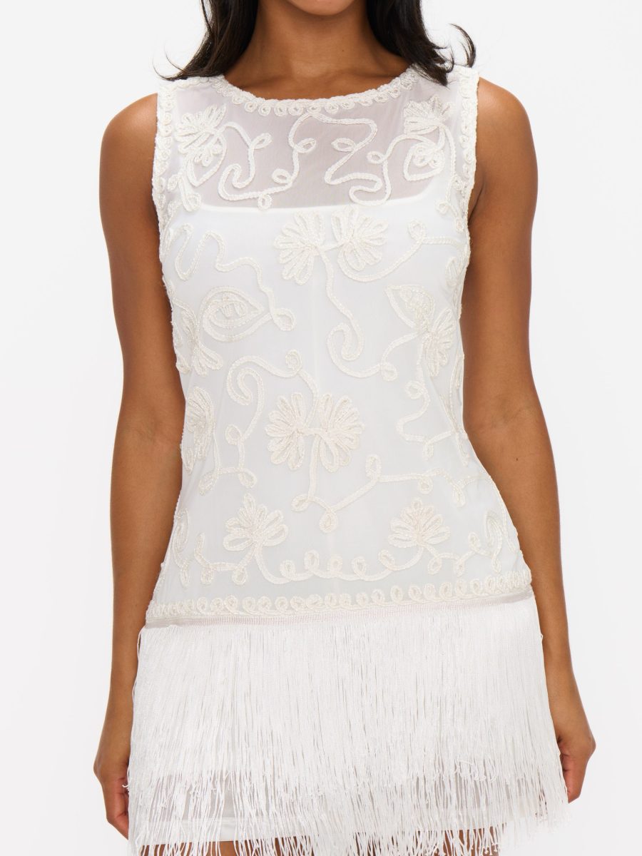 Cyrus Mini Dress ~ White With Fringe