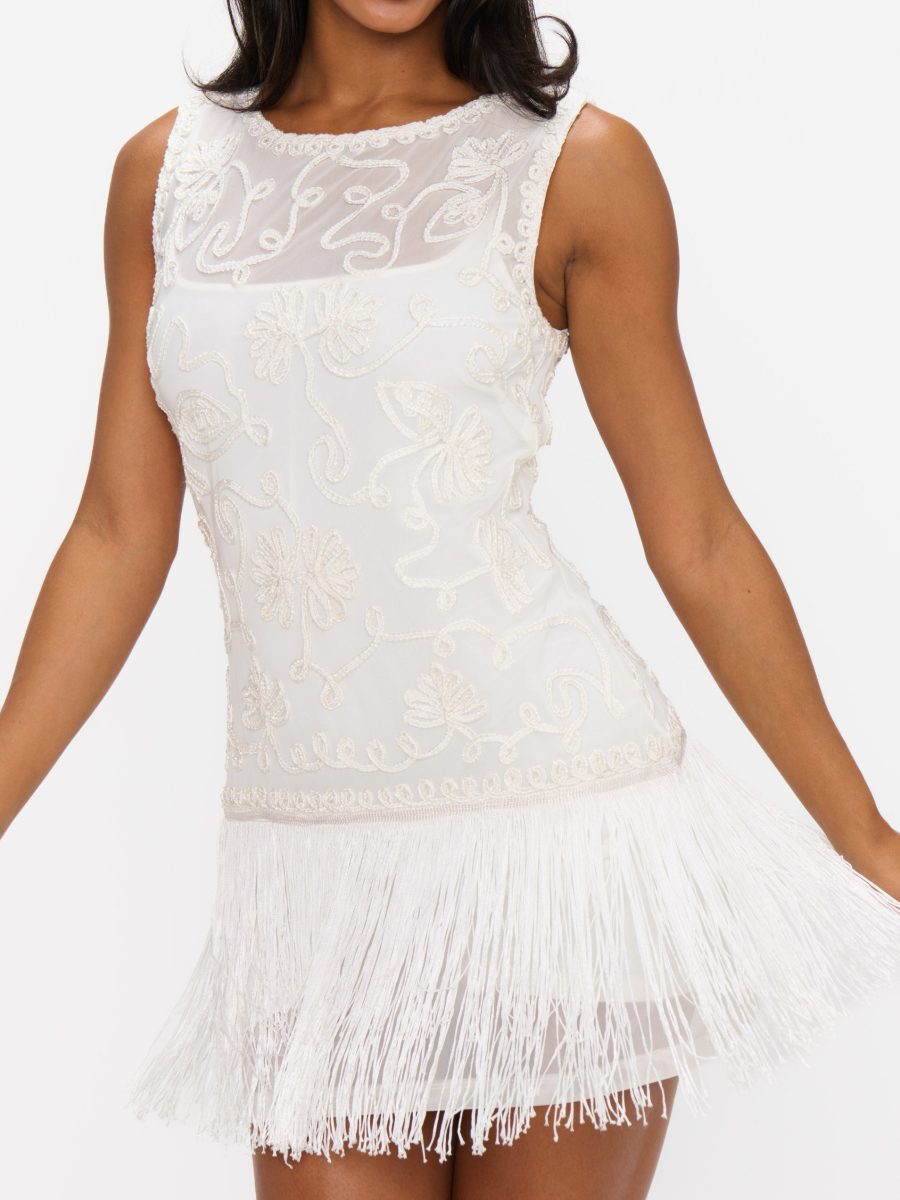 Cyrus Mini Dress ~ White With Fringe