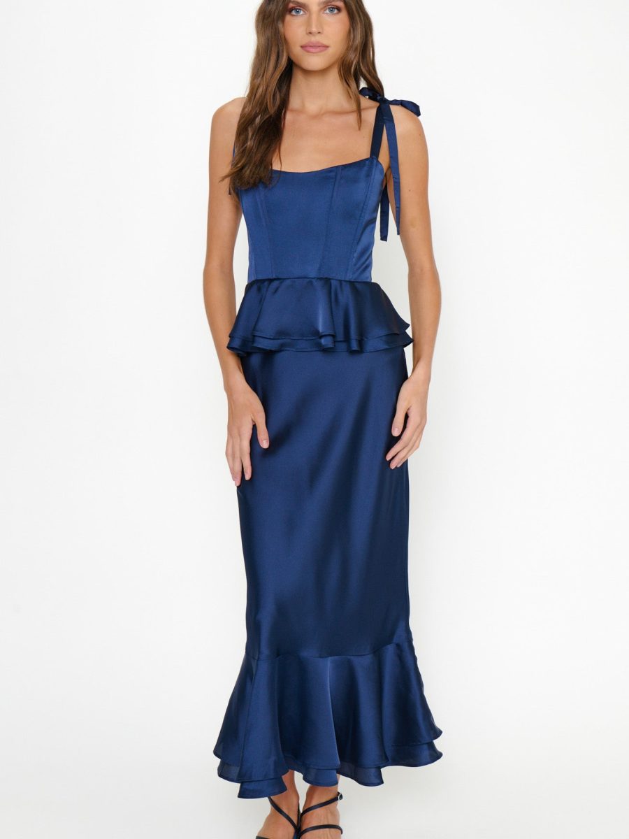 Pauline Peplum Dress ~ Midnight Navy Luxe Satin