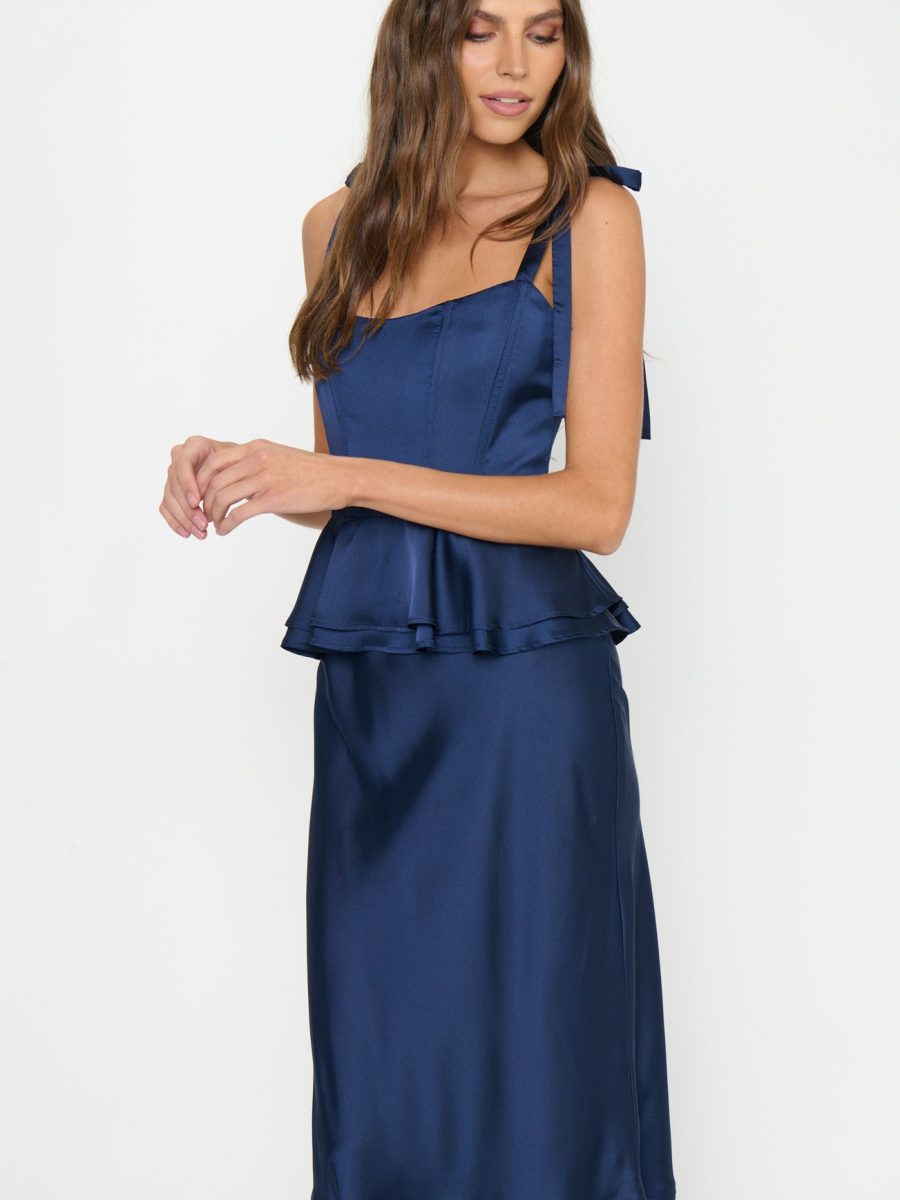 Pauline Peplum Dress ~ Midnight Navy Luxe Satin