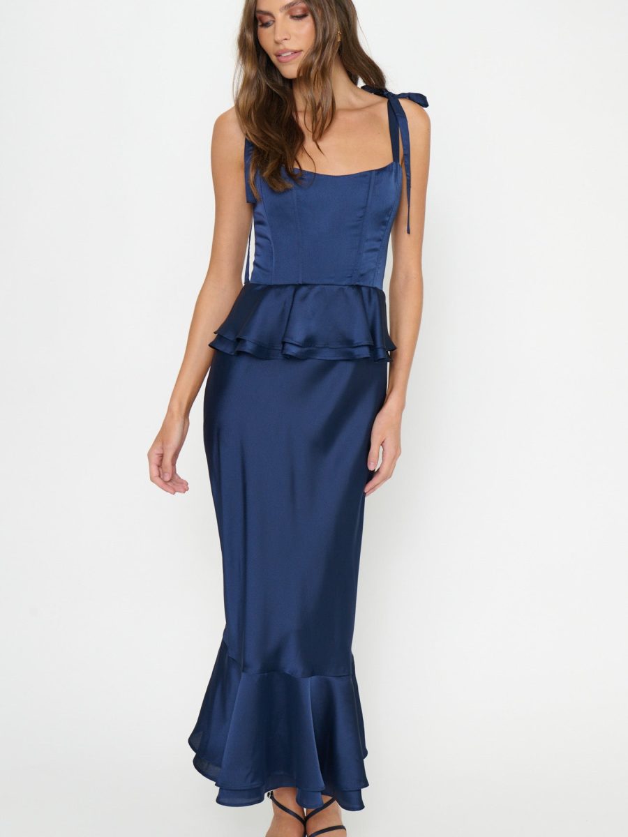 Pauline Peplum Dress ~ Midnight Navy Luxe Satin