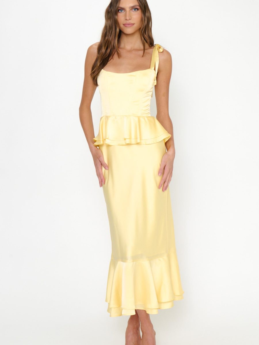 Pauline Peplum Dress ~ Pale Yellow Luxe Satin