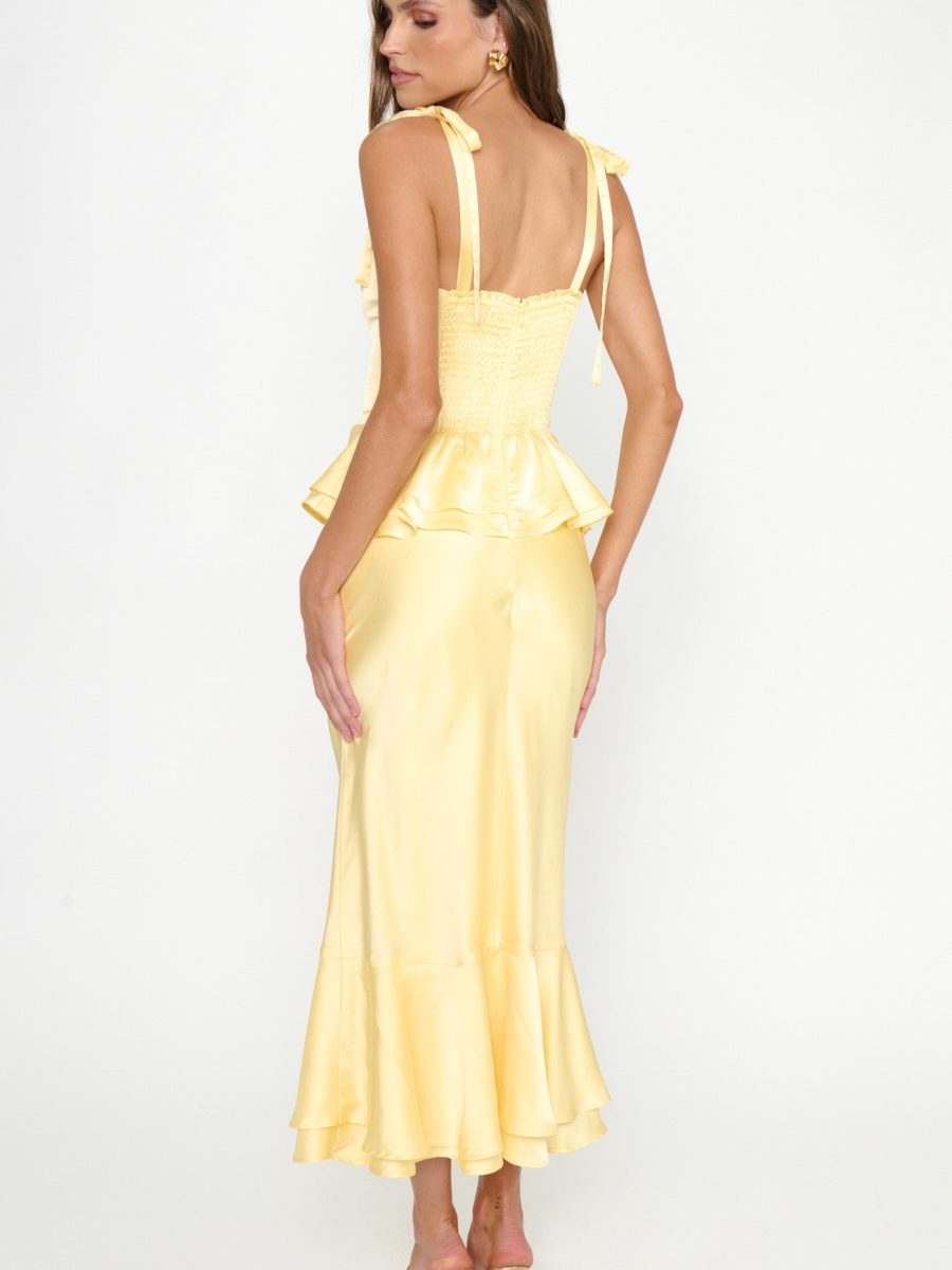 Pauline Peplum Dress ~ Pale Yellow Luxe Satin